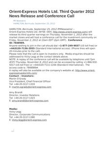 Orient-Express Hotels Ltd. Third Quarter 2012 News Release and Conference Call