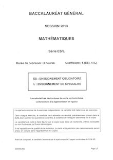 Sujet du Bac ES 2013: mathématiques obligatoire (Pondichéry)