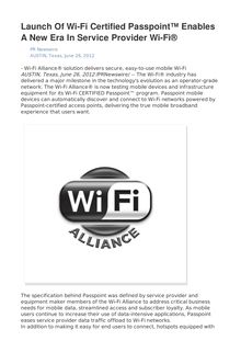 Launch Of Wi-Fi Certified Passpoint™ Enables A New Era In Service Provider Wi-Fi®