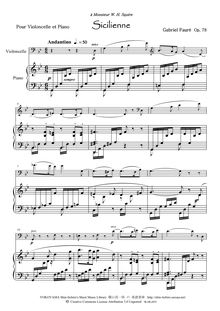 Partition de piano, Sicilienne, Op.78, Fauré, Gabriel