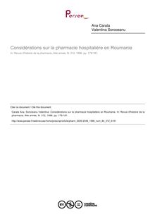 Considérations sur la pharmacie hospitalière en Roumanie - article ; n°312 ; vol.84, pg 179-181