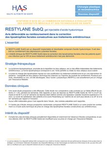 RESTYLANE SubQ - CNEDiMTS du 24 novembre 2009 (2231) - synthèse Restylane
