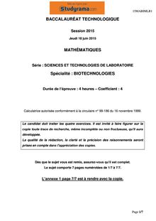 Sujet BAC STL BIO 2015 Mathématiques