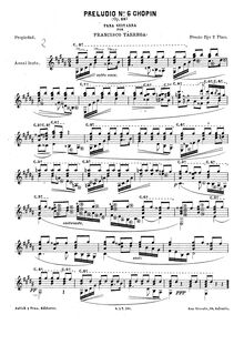 Partition complète, Prelude No.6 - Chopin (Op.28), G♯ minor, Tárrega, Francisco