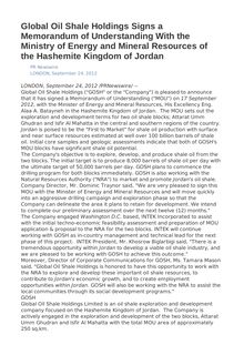 Global Oil Shale Holdings Signs a Memorandum of Understanding With the Ministry of Energy and Mineral Resources of the Hashemite Kingdom of Jordan
