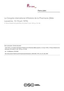 Le Congrès international d Histoire de la Pharmacie (Bâle-Lausanne, 13-19 juin 1979) - article ; n°242 ; vol.67, pg 191-196