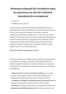Panorama exhaustif de l excellence dans les processus au sein de l industrie manufacturière européenne