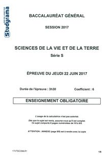 Sujet Bac S 2017 - Sciences de la Vie et de la Terre - Obligatoire