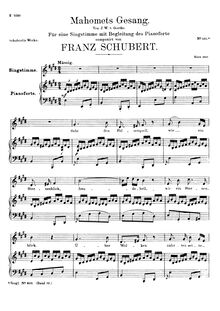 Partition voix + partition de piano, Mahomets Gesang (1st setting, fragment), D.549
