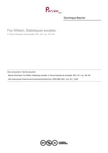 Fox William, Statistiques sociales.  ; n°1 ; vol.42, pg 182-184
