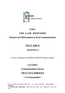 Cours LLCO453 JAUFFRET-CERVETTI Licence 2 UNSA Infocomm Communication externe évènementiel 2009 syllabus