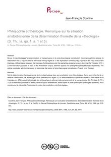 Philosophie et théologie. Remarque sur la situation aristotélicienne de la détermination thomiste de la «theologia» (S. Th., Ia, qu. 1, a. 1 et 5) - article ; n°63 ; vol.84, pg 315-344
