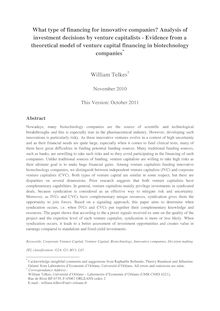 What type of financing for innovative companies Analysis of investment decisions by venture capitalists Evidence from a theoretical model of venture capital financing in biotechnology companies