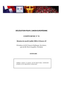 DÉLÉGATION POUR L UNION EUROPÉENNE COMPTE RENDU N° 91 Réunion du ...