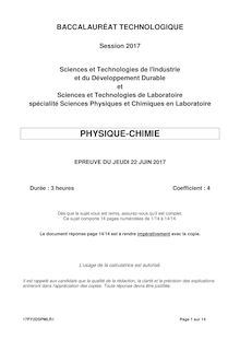 Bac STL STI2D SPCL 2017 - Le sujet de physique-chimie