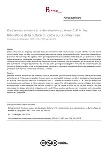 Des temps anciens à la dévaluation du franc C.F A., les tribulations de la culture du coton au Burkina Faso  - article ; n°595 ; vol.106, pg 288-312