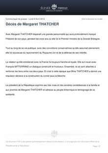Communiqué de presse de l Elysée : Décès de Margaret THATCHER