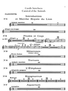 Partition clarinette (B♭, C), Le Carnaval des Animaux (pour Carnival of pour Animals)
