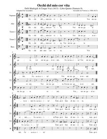Partition Occhi del mio cor vita - partition complète (SATTB enregistrements), Madrigali A Cinque Voci [Libro Quinto]