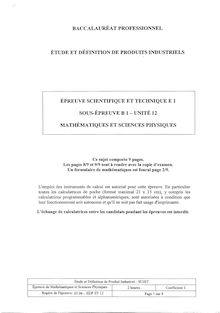 Mathématiques - Sciences physiques 2005 Bac Pro - Étude et définition de produits industriels