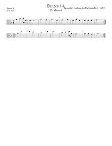 Partition ténor viole de gambe 1, alto clef, Menuet, Aufschnaiter, Benedikt Anton