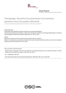 Témoignage. Souvenirs d un pharmacien de la banlieue parisienne sous l occupation allemande - article ; n°299 ; vol.81, pg 463-471