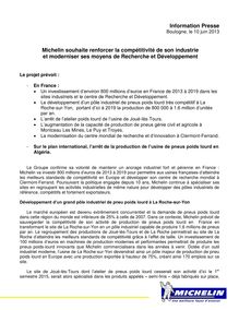 Communiqué de Michelin : 800 millions d’euros d investissements en France de 2013 à 2019