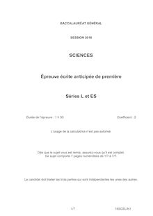 Bac 2018 sujet de Sciences épreuve anticipée de première série L et ES