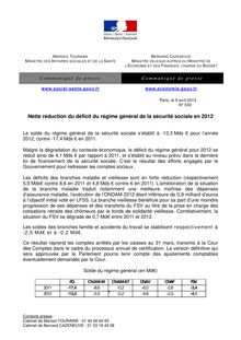 Communiqué de Marisol Touraine et Bernard Cazeneuve : Nette réduction du déficit du régime général de la sécurité sociale en 2012