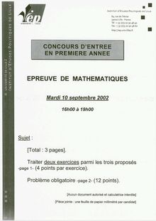 Mathématiques 2002 IEP Lille - Sciences Po Lille