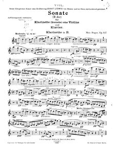Partition clarinette , partie, Sonate B-dur für Klarinette (Bratsche oder Violine) und Klavier, Op.107