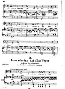 Partition , Arietta:  Liebe schwärmt auf allen Wegen , transposed pour low voix, Claudine von Villa Bella, D.239
