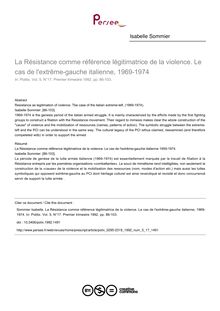 La Résistance comme référence légitimatrice de la violence. Le cas de l extrême-gauche italienne, 1969-1974 - article ; n°17 ; vol.5, pg 86-103