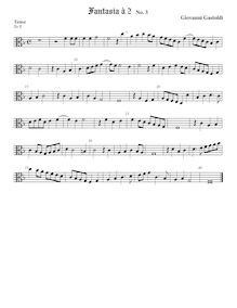 Partition ténor viole de gambe, alto clef, fantaisies pour 2 violes de gambe par Giovanni Giacomo Gastoldi