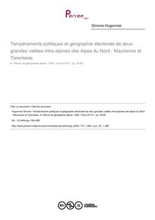 Tempéraments politiques et géographie électorale de deux grandes vallées intra-alpines des Alpes du Nord : Maurienne et Tarentaise. - article ; n°1 ; vol.42, pg 45-80