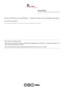 Entre rhétorique et politique : l’histoire dans les collèges jésuites au XVIIe siècle - article ; n°1 ; vol.74, pg 59-88