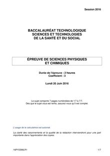 Baccalauréat Physique-Chimie 2016 série ST2S
