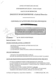 QCM Compréhension d un texte scientifique 2005 Institut d Orthophonie Gabriel Decroix Université Lille 2