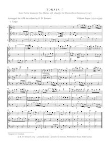 Partition Sonata No.1, 12 sonates pour 2 violons avec a basse pour pour violoncelle ou Harpsicord par William Boyce