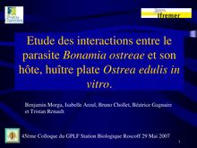 Etude des interactions entre le parasite Bonamia ostreae et son hôte,  huître plate Ostrea edulis