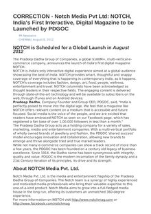 CORRECTION - Notch Media Pvt Ltd: NOTCH, India s First Interactive, Digital Magazine to be Launched by PDGOC