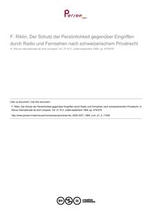 F. Riklin, Der Schutz der Persönlichkeit gegenüber Eingriffen durch Radio und Fernsehen nach schweizerischem Privatrecht - note biblio ; n°3 ; vol.21, pg 678-679