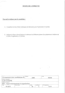Sujet d examen - Approvisionnement et organisation 2005 CAP Cuisine