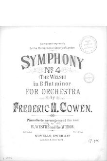 Partition complète, Symphony  no. 4 (pour Welsh) en B flat minor, pour orchestre par Frederic Hymen Cowen