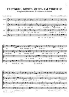 Partition choral Score, Pastores, dicite, quidnam vidistis, Responsorium III de Maitines de Navidad