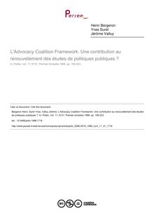 L Advocacy Coalition Framework. Une contribution au renouvellement des études de politiques publiques ? - article ; n°41 ; vol.11, pg 195-223