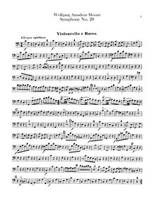 Partition violoncelles / Basses, Symphony No.28, C major, Mozart, Wolfgang Amadeus