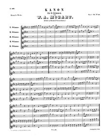 Partition complète, Canon pour 5 voix, A major, Mozart, Wolfgang Amadeus