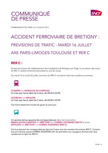Accident ferroviaire de Bretigny : Prévisions de trafic du 16/07/2013