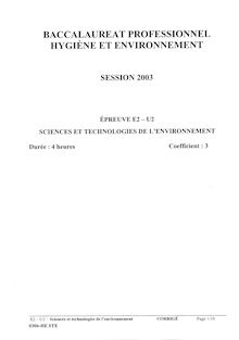Corrige BACPRO HYGIENE Sciences et technologies de l environnement 2003